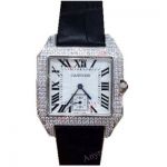 Cartier Santos Diamond Bezel Black Leather Strap Watch for Sale